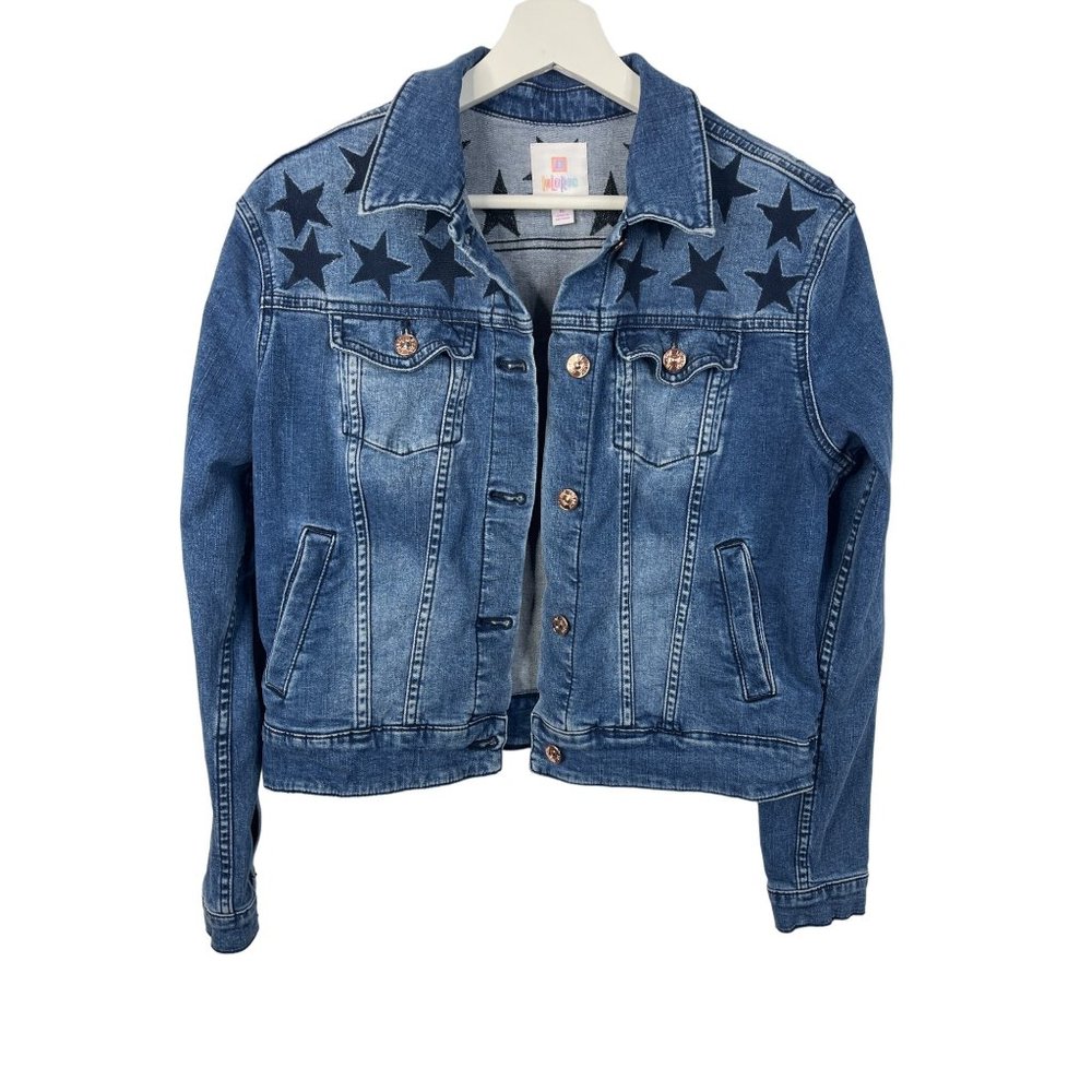 LuLaRoe Jacket Women Medium Blue Denim Button Up Stretch Stars Long Sleeve Boho